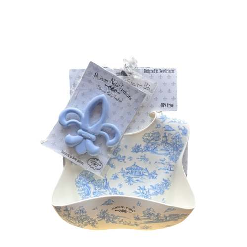 Blue Sky Storyland Toile Baby Gift Bundle | Silicone Bucket Bib and Teether