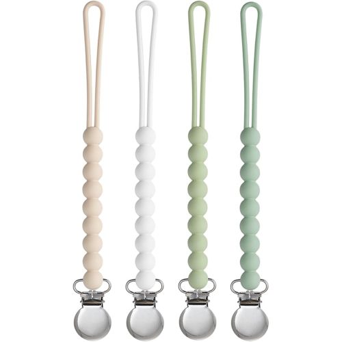 Pacifier Clip for Boys Girls - MORIBOX 4 Pack Paci Clip Soothie Baby Binky Holder for Shower Gift Birthday (Beige+White+Lgreen+Sage)