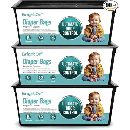 BrightOn Diaper Pail Refill Bags Compatible with Genie Easy Roll Signature Diaper Pails, 3-Pack (90 Bags) (Unscented)