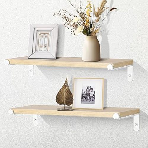 SAYAYO Floating Shelves for Wall Storage, 16 Inch Wall Shelves for Bedroom Decor, Display Wood Shelf Organizer with White Brackets for Kitchen, Living Room, Office, 2 Pcs