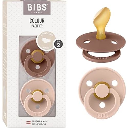 BIBS Pacifiers 6-18 Months | Set of 2 Colour Pacifier with Symmetrical Nipples | BPA-Free Natural Rubber | Made in Denmark | Woodchuck/Blush, 6-18 Months