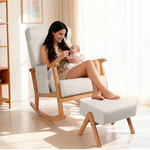 NOBLEMOOD Rocking Chair with Ottoman, Upholstered Nursing Glider Rocker with Side Pocket & Pillow, Comfy High Back Reading Chair with Solid Wood Legs for Nursery/Living Room/Bedroom