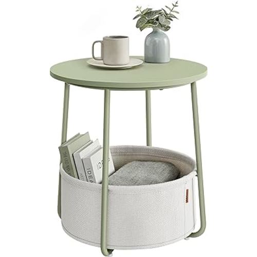VASAGLE Small Round Side End Table, Modern Nightstand with Fabric Basket, Laurel Green and Cream White ULET223C69