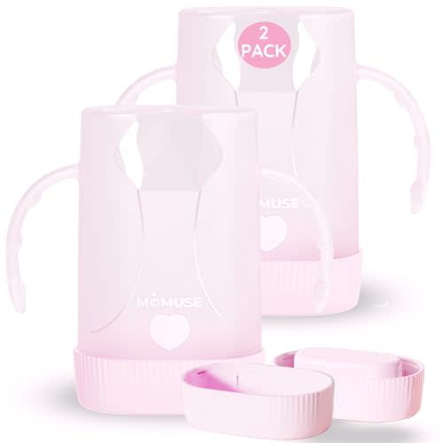 MOMUSE Dual-Lid Squeeze Pouch Holder for Food Pouches & Drink Boxes, Baby Pouch Holder with Larger Capacity, Versatile Design for Self-Feeding, Anti-Squeeze Pouch Holder No Spill No Mess, 2PC Pink