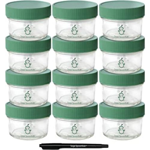 Sage Spoonfuls Glass Baby Food Containers with Lids - 12 Pack, 4 oz Baby Food Jars, Freezer Storage, Leakproof, Reusable Small Glass Baby Food Containers, Microwave & Dishwasher Friendly
