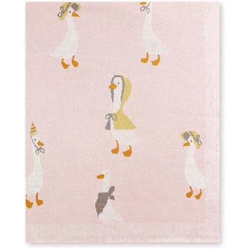 One Silly Goose Knit Blanket Pink Cute Cartoon Goose Blanket Soft Cotton Blankets for Swaddle Birthday Baby Shower Party Home, 30 x 40 Inch