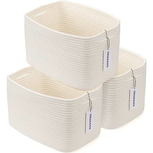 Cotton Rope storage Basket Bins Woven Basket for Organizing Shelves Rectangle Decorative Baskets For storage Clothes Toys Books Towels Square Wicker Nursery basket organizer 3 pack white
