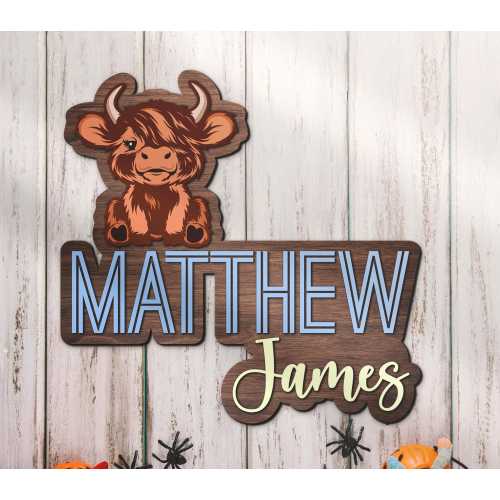 Custom Highland Cow Animal Wood Nursery Name Sign Personalized Bison Wooden Room Decor Baby Shower Boy Girl Birthday Gift Scottish Cattle