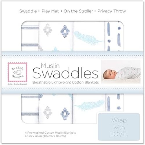SwaddleDesigns Cotton Muslin Swaddle Blankets, Set of 4, Receiving Blankets for Baby Boys & Girls, Best Shower Gift, 46x46 inches, Denim Indigo