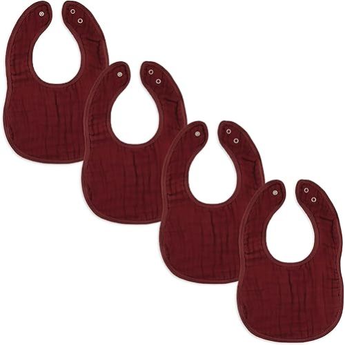 Comfy Cubs Muslin Bibs for Babies, Pack of 4 - Soft and Highly Absorbent, Feeding, Drool and Teething Bib, Adjustable Snaps - Stylish & Colorful Unisex Designs, Giftable Set - Wine