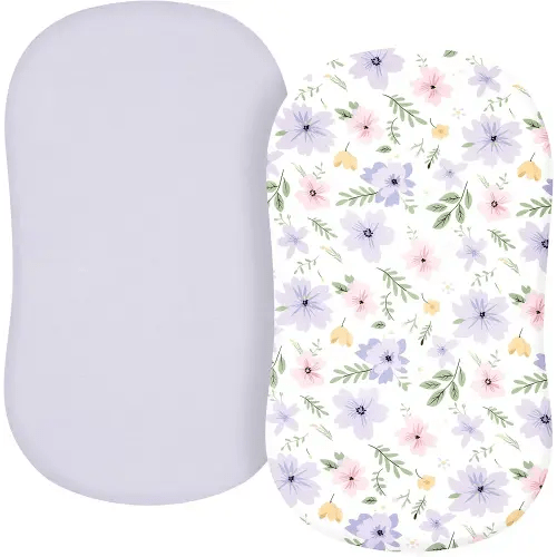 TILLYOU Baby Bassinet Sheets for Girls Boys, Fit for Hourglass Oval Rectangle Bassinet Mattress Sheets, 33”X16”, 2 Pack Brilliant Little Flowers and Purple
