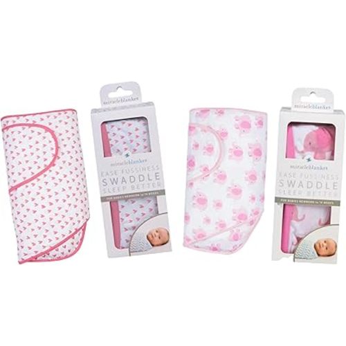 Miracle Blanket Swaddle Wrap - Newborn Essential Baby Blanket - Soft Sleep Sack Ideal for Newborns and Infants (Coral Hearts and Pink Elephants)