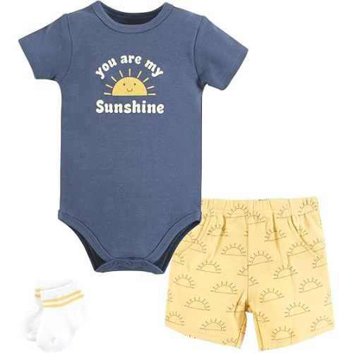 Hudson Baby Unisex Baby Bodysuit, Short and Sock, Blue Sunshine, 0-3 Months
