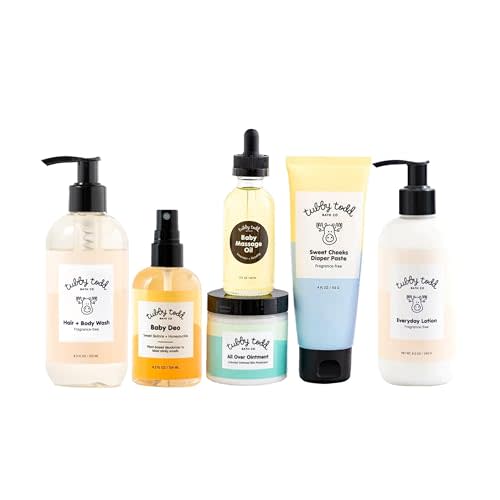 TUBBY TODD Baby Arrival Bath & Skincare Set - The Newborn Gift Set - Baby Shampoo & Body Wash, Lotion 8oz, All Over Ointment, Diaper Paste 4oz, Baby Massage Oil 2oz, Baby Deo 4.2oz - Fragrance-Free