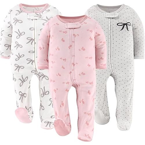 The Peanutshell Baby Sleepers for Girls Set of 3 - Soft Cotton Footed Pajamas for Newborns & Infants - Pink Balletcore
