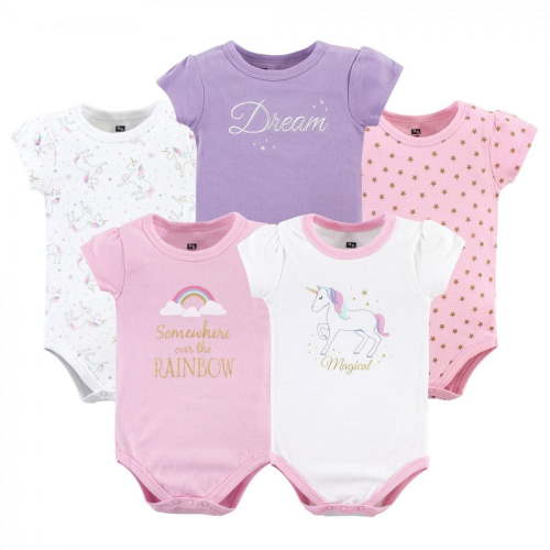 Hudson Baby Short Sleeve Bodysuits, 5-Pack, Newborn- 24 Months