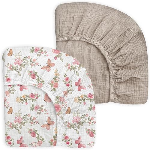 Crib Sheets for Baby Boy Girl 2 Pack, Fitted Crib Mattress Sheet 28" x 52", Muslin Toddler Bedding with Neutral Style, Nursery Bedding Essentials (Butterfly & Beige)