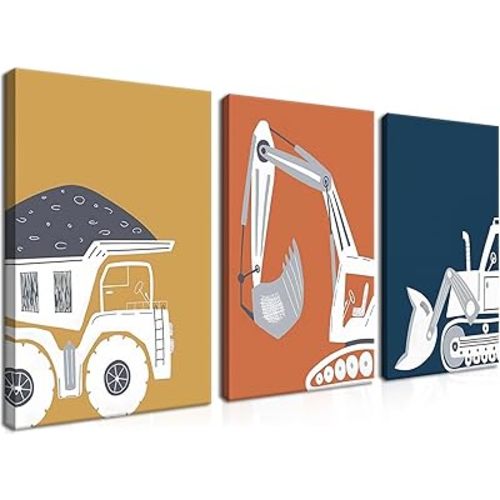 AKWISH Framed Nursery Construction Truck Wall Art Set of 3 – Cute Excavator Tractor Dump Truck Canvas Prints, Boys Bedroom and Baby Room Wall Decor, Playroom Vehicle Artwork – 12x16in