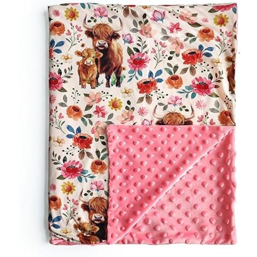 Highland Cow Wild Flower Baby Blanket for Boys and Girls, 30"x40" Boho Floral Farmhouse Highland Cow Toddler Soft Blanket with Double Layer Dotted Backing for Nursery, Crib, Newborn and Toddler