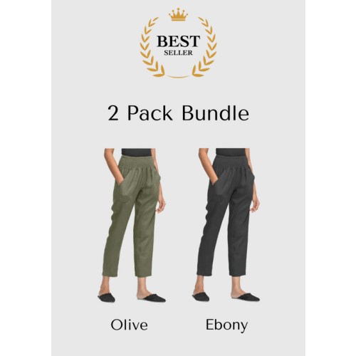 2 Pack Bundle | Smocked Linen Pant in Olive and Ebony | Everyday Transitional Maternity Pants | EMME
