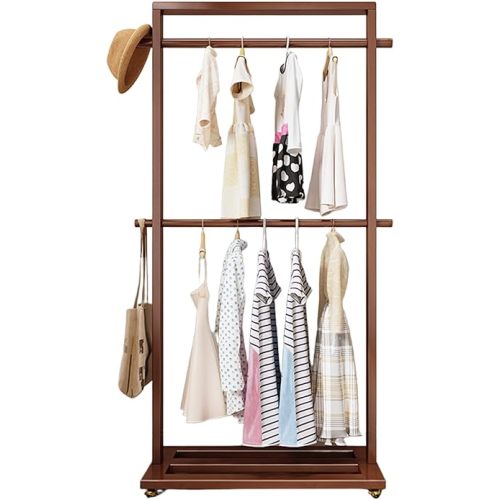 Solid Wood Clothes Rack with Wheels, Removable Double Rod Garment Rack with Bottom Shelf, Freestanding Clothing Organizer, Portable Wardrobe Rack for Bedroom Entryway Living Room (Walnut color)
