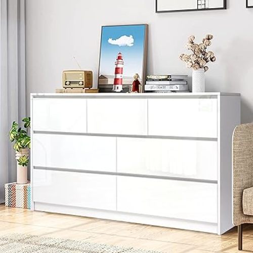 White Malm 7 Drawer Dresser for Bedroom - 55'' Wooden Dresser Modern High Gloss Chest of Drawer Handle Free, Large Long Storage Organizer Cabinet for Kids Bedroom Living Room Entryway Hallway
