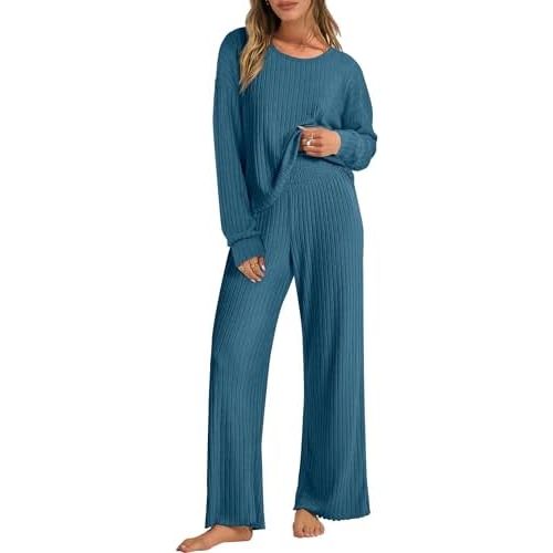 ANRABESS Women 2 Piece Lounge Pajamas Sets Casual Ribbed Knit Long Sleeve Top Pants Matching Set 2024 Fall Outfits Clothes