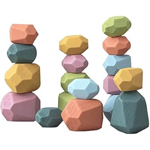 Baney Wooden Stacking Balancing Stone Rocks | Preschool Learning Montessori Educational Toys | 18 Piece Set with Linen Bag (Vibrant)