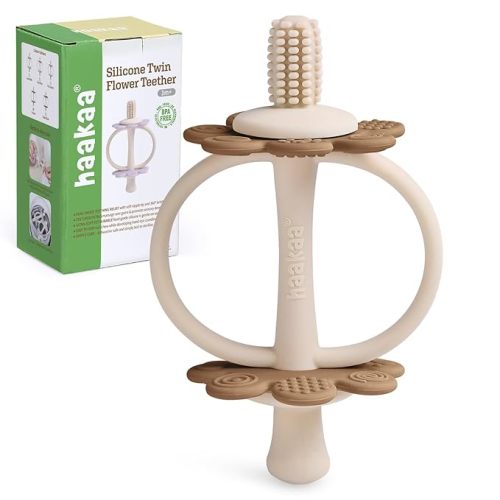 haakaa Silicone Baby Teether Toys,Nipple-Shaped End for Gum Massage,360° Baby Toothbrush Head for Self-Brushing Training,Easy to Grip-Cocoa