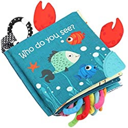 Fish Baby Books Toys, Touch and Feel Cloth Soft Crinkle Books for Babies,Toddlers Infant Kids Activity Early Education Toys, Shark Tails Teething Toys Teether Ring, Baby Book Octopus,Ocean Sea Animal