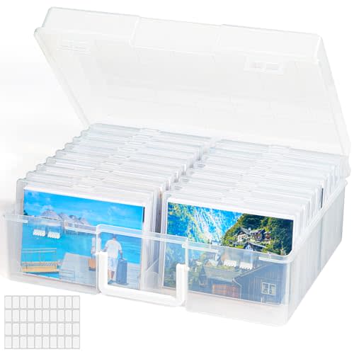 Lifewit Photo Storage Box 4x6 Photo Case, 18 Inner Photo Keeper, Clear Photo Boxes Storage with 1 Sheet Label Sticker, Seed Organizer Craft Storage Box for Cards Pictures Stamps Office Supplies