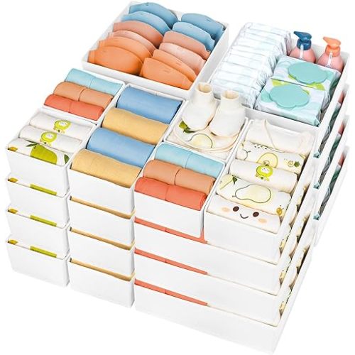 DIMJ Drawer Organizer Clothes, 24 Pack Dresser Organizer, Foldable Closet Organizers and Storage, Fabric Dresser Drawer Organizers, Drawer Dividers for Nursery, Baby Clothes, Underwears, Sock