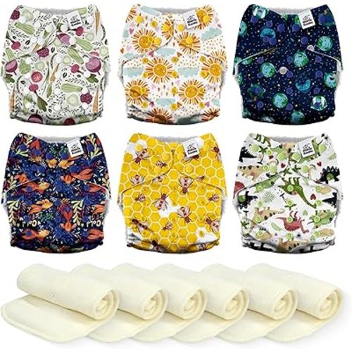Mama Koala 3.0 Cloth Diapers for Babies, 6 Pack One Size Washable and Reusable Pocket Diapers for Newborns and Toddlers (Animals and Earth)