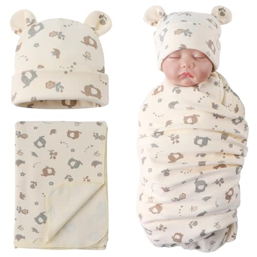 PESAAT Cotton Baby Swaddle Hat Set Newborn Infant Hats Receiving Blankets for Baby Boys Girls