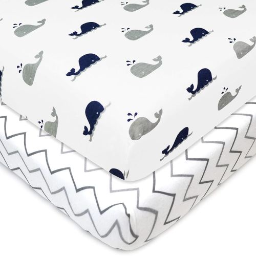 American Baby Company 2 Pack 100% Natural Cotton Fitted Pack and Play Sheets 39" x 27" - Soft & Breathable Pack N Play Sheets for Playard & Mini Crib Mattress, Navy Whale/Grey Zigzag, for Boys & Girls