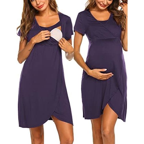 Ekouaer Nursing Nightgown 3 In 1 Maternity Nightgown Short Sleeve Nursing Gown Breasfeeding Sleepwear Delivery Dress