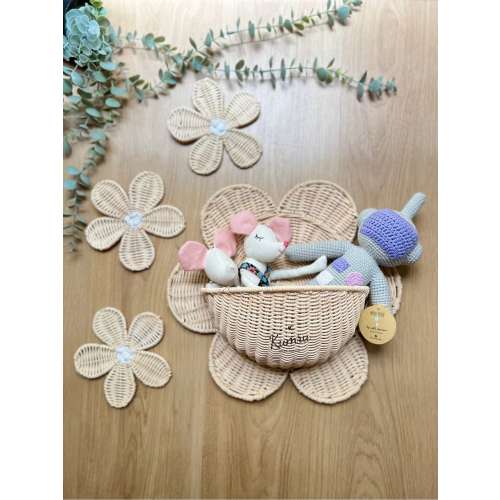 Rattan Daisy Wall Decoration Set - 1 daisy basket and 3 daisies - Nursey Decor
