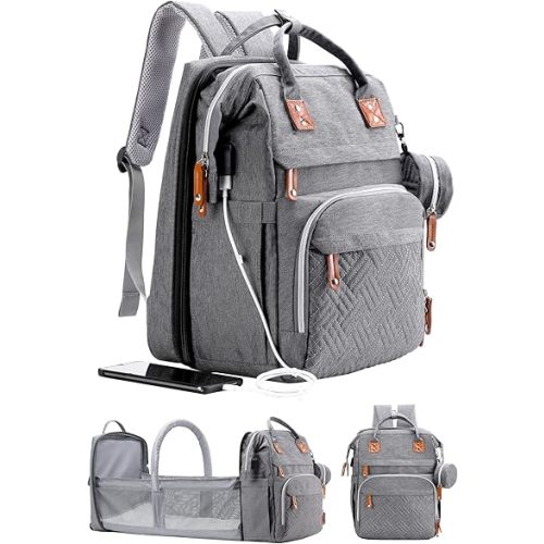 Diaper Bag Backpack with Changing Station, Large Diaper Bag, Baby Bag, Multifunctional Diaper Bag, Gray