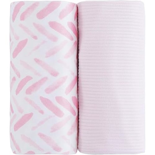 Viviland Jersey Swaddle Blanket, Ultra Soft Stretchy Receiving Blanket, Baby Girl Newborn Rainbow Swaddle Wrap, 40 x 30 inches, 2 Pcs, Pink Leaf