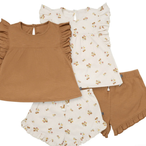 4-Piece Infant Toddler Girls Beige Flowers Flutter Sleeve Tops and S – Gerber Childrenswear