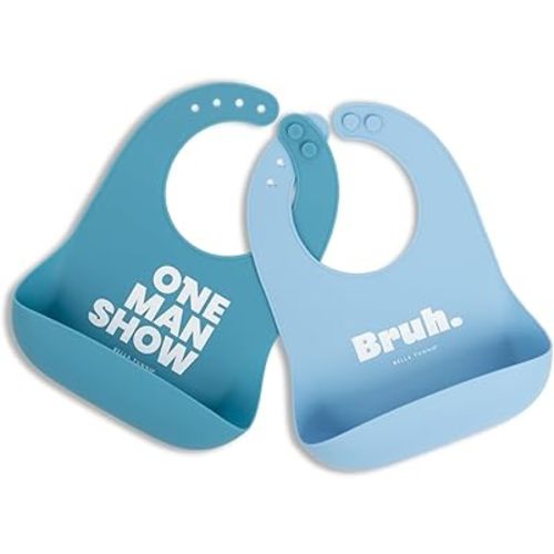 Bella Tunno Wonder Bib 2pk - Adjustable Silicone Baby Bibs for Girls & Boys, Durable and Waterproof BPA Free Silicone, Bruh & One Man Show