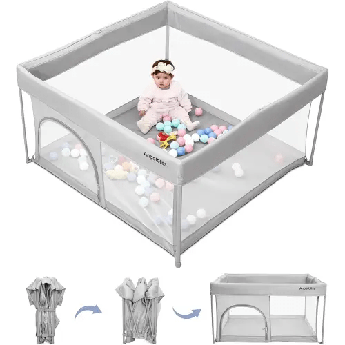 Foldable Baby Playpen 50"×50", Out-of-The-Box Ready Playpen for Babies and Toddlers, Portable Play Yard with Breathable Mesh & ASTM F406 Certified(Light Grey)