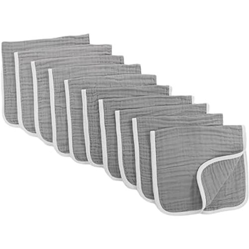 Synrroe Burp Cloths Large, Muslin Burp Cloths for Baby Girls and Boys, Pack of 10 Extra Absorbent and Soft Muslin Bibs, 6 Layers 20 by 10 Inches 100% Cotton (Grey 10 Pack)