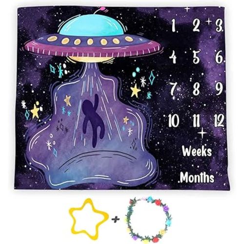 UFO Baby Monthly Milestone Blanket, 48x40in Soft Flannel, Alien Round Spaceship, Newborn Mom Gifts, Baby Shower Age Growth Tracker with Bonus Maker BTLSSS52