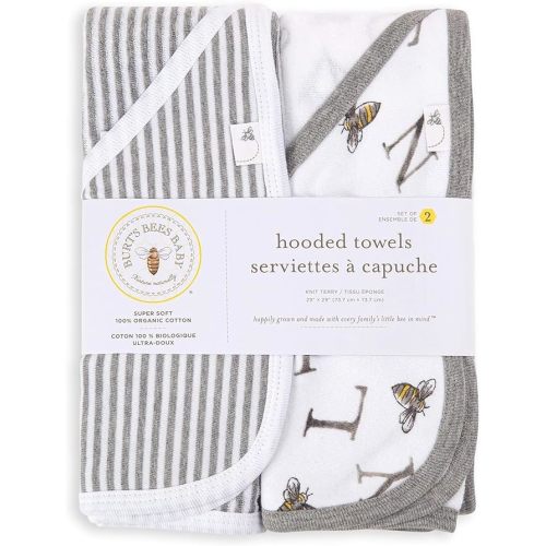 Burts Bees Baby Infant Hooded Towels A-Bee-C Organic Cotton, Unisex Bath Essentials and Newborn Necessities, Soft Nursery Towel with Hood Set, 2-Pack Size 29 x 29 Inch - A-bee-c