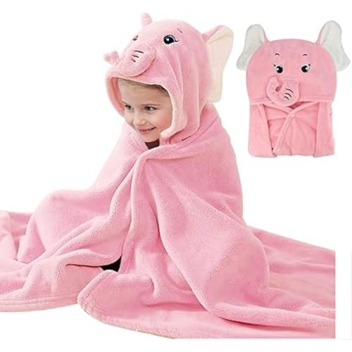 ROMASA Baby Bath Towel Ultra Soft Hooded Towel Highly Absorbent Bathrobe Blanket Toddlers Shower Gifts for Boys Girls-27.5" x 55" (Pink Elephant)