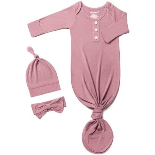 Newborn Baby Knotted Gown, Super Soft Silky Infant Sleeper, Baby Girl Sleep Gown with Mittens, Bow, and Hat Set