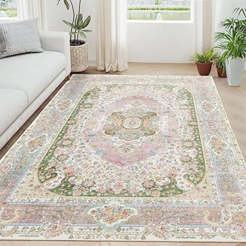 5x7 Area Rugs Washable,Pink Rug for Living Room Bedroom Kitchen,Large Boho Vintage Bohemian Distressed Carpet Non Slip,Blush Green
