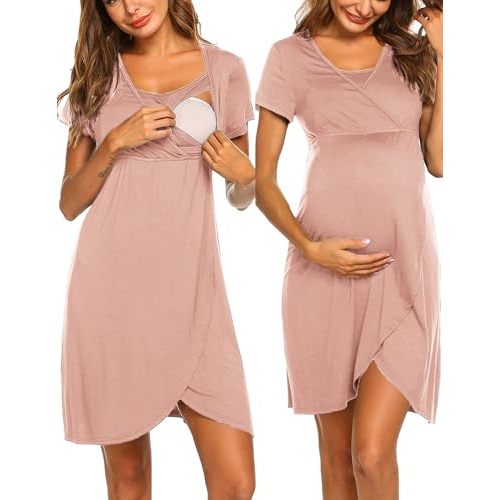 Ekouaer Nursing Nightgown 3 In 1 Maternity Nightgown Short Sleeve Nursing Gown Breasfeeding Sleepwear Delivery Dress
