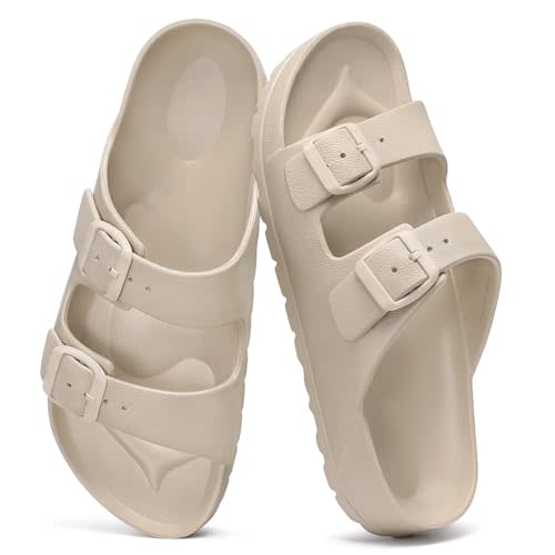 shevalues Women's Comfort Sandals with Medium Arch Support Double Buckle Adjustable EVA Slides for Summer Beach